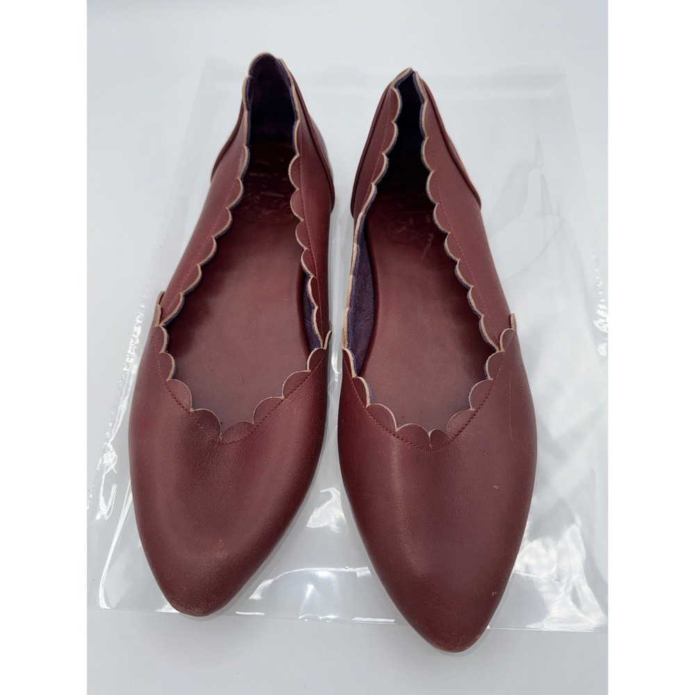 Bali Elf Handmade Burgundy Leather Scalloped Pointed Toe Flats Shoes Women 10.5 - Picture 2 of 5